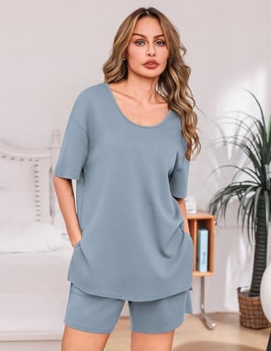 Totatuit Womens Oversized T Shirt and Shorts Set 2 Piece Lounge Outfits High Waist Bermuda Shorts with Pockets Casual Summer Matching Sets Gray-blue Medium - Thumbnail 3
