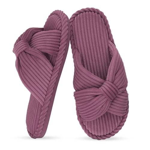 IPSAE House Slippers for Woman Memory Foam Open Toe Slippers Corduroy Cross Bow Womens Slipper Slides Comfy Indoor Bedroom Slip On Shoes - Image 1
