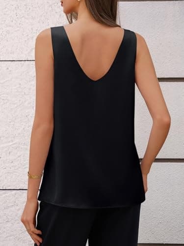 Cicy Bell Womens V Neck Satin Tank Tops Dressy Casual Silk Camisole Blouses Summer Corporate Outfits Black - Thumbnail 4