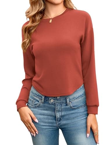 Totatuit Women Fashion Long Sleeve Crop Tops Loose Crewneck Crop Sweatshirts Drop Shoulder Casual Fall Tee Shirts Brick Red Small - Image 1
