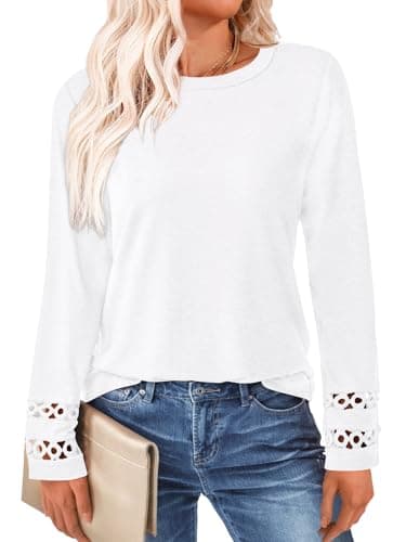 GKBK Womens Long Sleeve Tops Business Dressy Casual Blouses Crewneck Loose Fit Lightweight T Shirts Cute Work Tee Ladies Tunic 2025 Fall Winter Fashion Clothes Trendy Outfits White L - Thumbnail 2