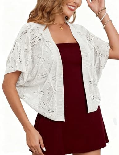 Women Shrug Batwing Hollow Out Open Front Summer Lightweight Sweater 2025 Crochet Cardigan White M - Image 1
