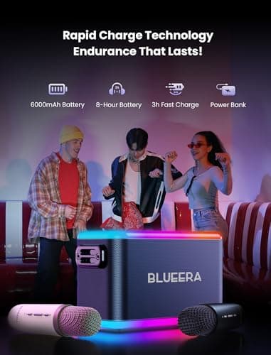 Karaoke Machine for Adults & Kids, Portable 60W Speaker, Rechargeable Wireless Microphones, Music Sync LED Lights for Party Holidays Teenagers, Black - Thumbnail 6