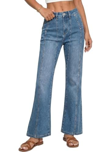 Astylish Womens 2026 High Waisted Fitted Wide Leg Jeans Trendy Casual Slanted Pocket Retro Seam Flare Jeans Sky Blue 12 - Thumbnail 3