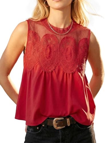 Funlingo Lace Mesh Tops for Women Crew Neck Swing Flared Embroidered Blouses Dressy Casual Tunic Shirt Summer Boho Red Peplum Top Red 2XL - Image 1