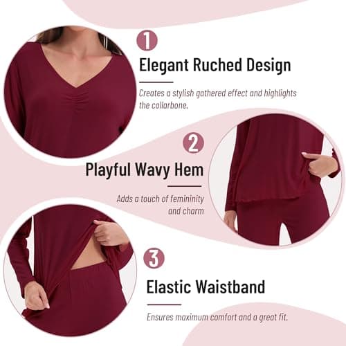 Navisting Women's Soft Knit Pajamas Set V-Neck Top and Pants Long Sleeve Two Piece Loungewear Elegant Wavy Hem Sleepwear with Color Options Burgundy M - Thumbnail 5