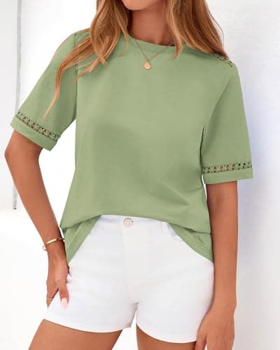 BTFBM Womens Summer Tops Lace Short Sleeve Shirts 2026 Spring Casual Loose Crew Neck Cotton Knit Cute Business Blouses(Light Green, XX-Large) - Thumbnail 6