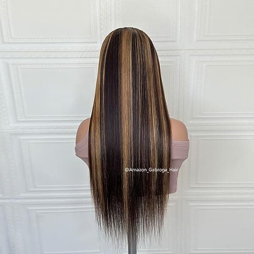 GABROGA 150% Density Glueless 4/27 Highlight 13x4 Colored Straight Lace Front Wigs Human Hair HD Transparent Lace Pre Plucked Natural Hairline with Baby Hair for Black Women 20 Inch - Thumbnail 6