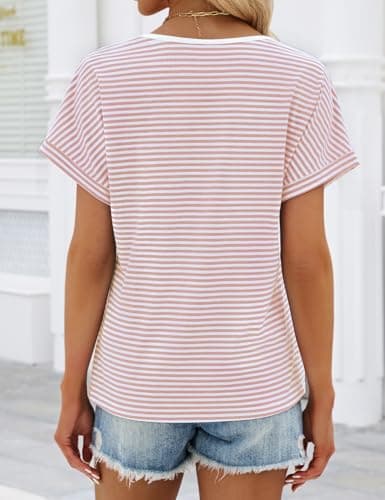 Short Sleeve Shirts for Women Summer Striped Henley Tops Dolman Short Sleeve Casual V Neck T Shirts Trendy 2026 Button Front Dressy Blouses (Pink, Large) - Thumbnail 5