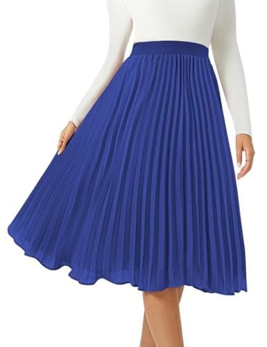 Women's Midi Skirt Elastic High Waist Pleated Skirt Knee Length Swing A-Line Casual Flowy Skirts 2025 Blue, S - Image 1