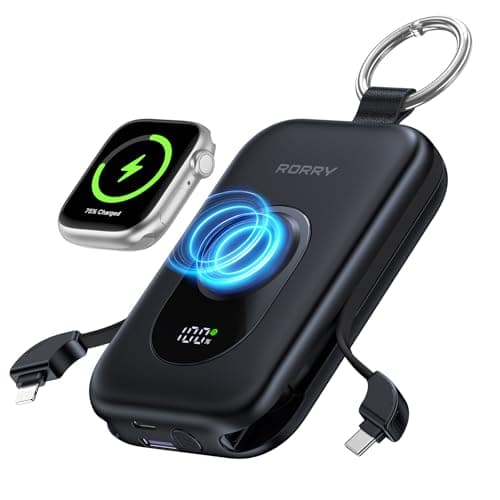 RORRY Portable Charger, 20000mAh PD 30W Portable Charger Power Bank with 2 Built-in Cables, Super Fast Charging Battery Pack with Keychain, Travel Essentials for iPhone, Apple Watch, iPad, Black - Image 1