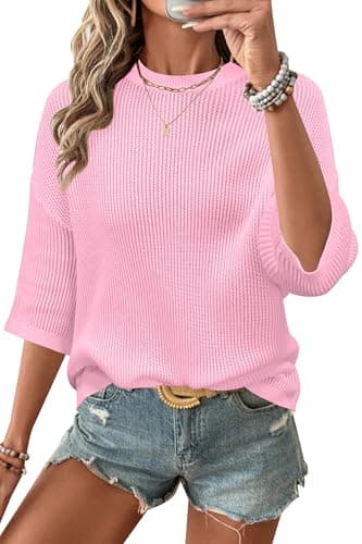 Arach&Cloz 2026 Women's Cotton Spring Summer Crochet Tops Crew Neck 3/4 Half Drop Short Sleeve Hollow Out Oversized Resort Wear Sweater Casual Vacation Outfits Fashion Trendy Shirts Light Pink XL - Image 1
