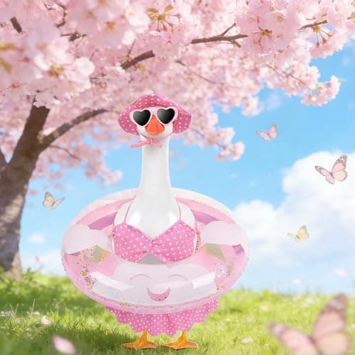 yuboo Spring Porch Goose Outfit Bikini Goose Outfits, Pink Easter Geese Outfits Clothes Costume with Sunglasses Swim Ring for 23in Porch Goose Outdoor Statues - Image 1