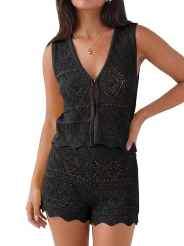 Tankaneo Womens 2 Piece Crochet Short Sets Summer V Neck Vest Tank Tops Cover Up Beach Mini Short Outfits Vacation Sets Black - Image 1