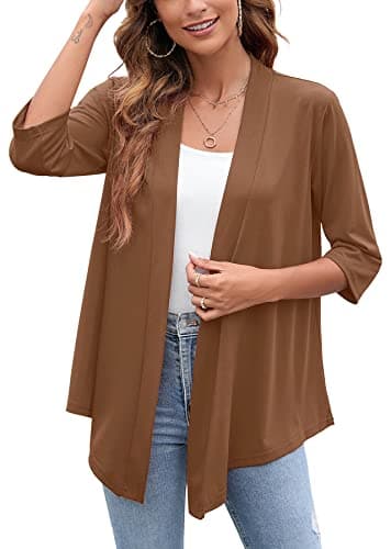 Heymoments Cardigan for Women Deep Coffee Small Draped Open-Front 3/4 Sleeve Lightweight Casual Soft Drape Summer Fall Kimonos Cardigans - Image 1