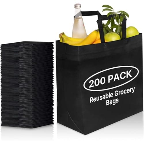 Simply Cool 200 Pack Black Reusable Eco-Friendly Large Grocery Shopping Bags 14.5"x14"x6.6" Durable Recyclable Shopping Bags Washable Foldable Portable Tote Bags Bulk - Image 1
