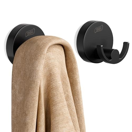 TAILI 304 Stainless Steel Bathroom Suction Hooks for Towel, Bathrobe, Loofah, Patented Strong Suction Cup Holder, No Damage Hanging Glass Shower Wall Hook, Double-Hook Sleek Design, 2 Pack, Black - Image 1