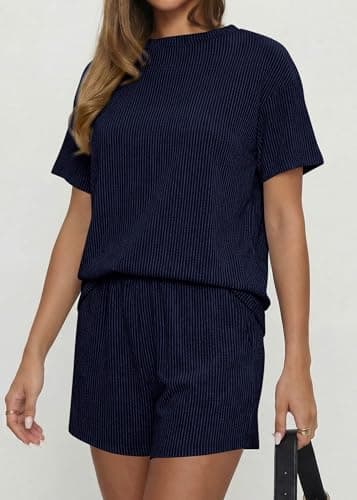 KIRUNDO 2 Piece Sets for Women Summer Shorts Lounge Set Matching Ribbed Knit Short Sleeve Top Airport Travel Vacation Outfits(Navy, Small) - Thumbnail 6
