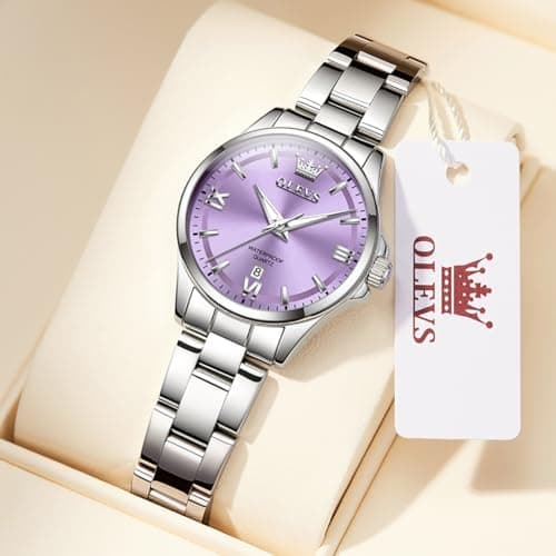 OLEVS Watch Women Luxury Dainty Simple Purple Small Watches for Women Tiny Elegant Vintage Ladies Watch with Date Silver Stainless Steel Waterproof Minimalist Analog Bracelet Women's Wrist Watches - Thumbnail 2