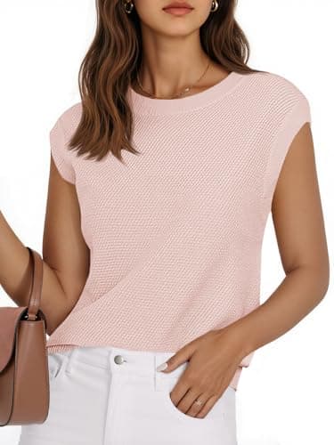 Saodimallsu Womens Cap Sleeve Sweater Tops Casual Crewneck Lightweight Knit Loose Summer Sleeveless Sweater Vest Pink - Image 1