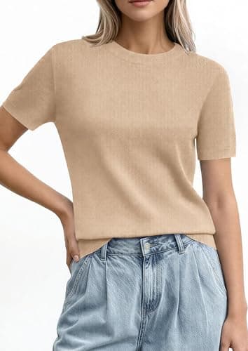 PRETTYGARDEN Women's Short Sleeve Sweaters 2026 Spring Crew Neck Knit Work Shirts Business Casual Tops Summer Fashion Clothes (Beige,Large) - Thumbnail 4