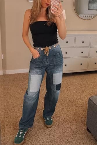 PLNOTME Womens Baggy Barrel Horseshoe Jeans Wide Leg Patchwork Low Rise Denim Pants with Pockets Blue - Thumbnail 3