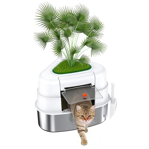 Chumajor XXL Stainless Steel Corner Cat Litter Box with Lid, Enclosed Hidden Plant Litter Box with Artificial Plant, Easy-Clean Covered Decorative Litter Box for Large Cats, White - Image 1