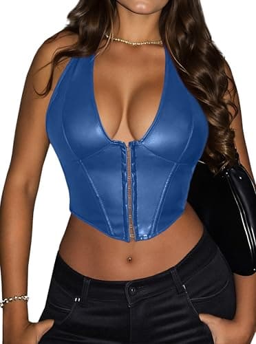 Benfoly Women's Y2K Leather Halter Top Backless Corset Bustier Top Lace Up Sexy Going Out Crop Tank Halter Neck Party Club Royal Blue - Image 1