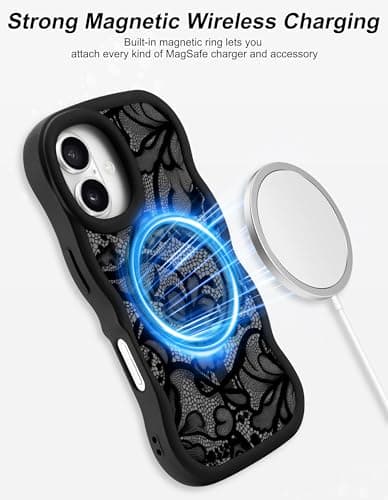 Aitipy Magnetic Case for iPhone 16, Compatible with MagSafe, Cute Black Lace Flower Aesthetic Soft Silicone Curly Wavy Shockproof Protective Phone Cover for Women Girls - Thumbnail 3