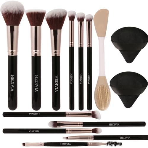 HEDIVIA Black Makeup Brushes Set 14 Pcs Professional, Premium Synthetic Foundation Makeup Brush Concealer Powder Blush Eyeshadow Brushes with 2 Powder Puff & Dual-ended Mask Applicator.Gifts for Girls - Image 1