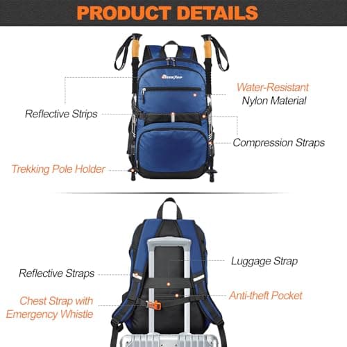 Seektop Lightweight Travel Backpack for Men Women, Multiple Pockets 40L Hiking Backpack Foldable Carry on Backpack for Outdoor Camping Sport Leisure (Blue) - Thumbnail 5