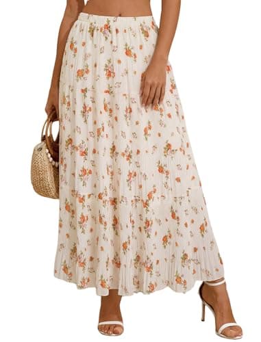 Arolina High Waisted Maxi Skirts Women Summer Elastic Flowy Long Skirt Boho Tiered A-Line Pleated Casual Print Cottagecore White Floral - Image 1