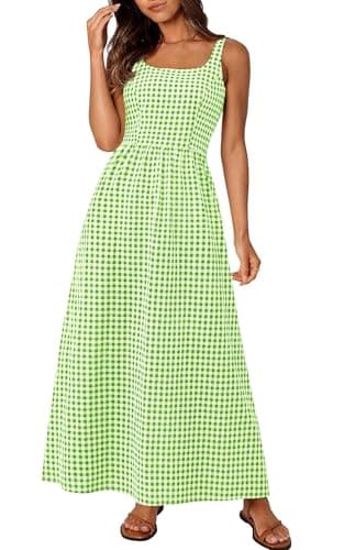 PRETTYGARDEN Women's 2026 Summer Spaghetti Strap Maxi Dresses Plaid Square Neck A Line Casual Beach Vacation Long Sundress (Green,Small) - Image 1
