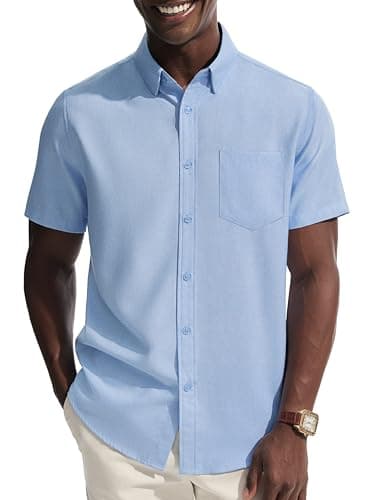 PJ PAUL JONES Untucked Dress Shirts for Men Button Down Short Sleeve Shirt Summer Business Casual Shirt Blue L - Image 1