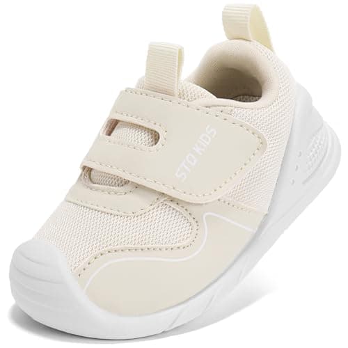 STQ KIDS Baby Wide Toe Box Shoes for 6-12 Months Toddler Girls Boys Slip on Sneakers Beige White Infant 4 - Image 1