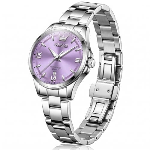 OLEVS Watch Women Luxury Dainty Simple Purple Small Watches for Women Tiny Elegant Vintage Ladies Watch with Date Silver Stainless Steel Waterproof Minimalist Analog Bracelet Women's Wrist Watches