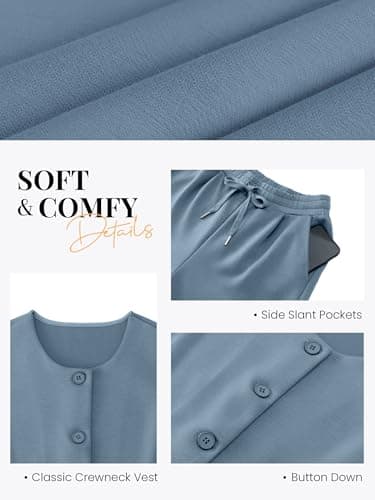 Casly Lamiit Womens Sets 2 Piece Outfits Summer Casual Lounge Travel Airport Clothes Matching Set Crew Neck Vest Waistcoat Wide Leg Pants Blue Grey 2XL - Thumbnail 5
