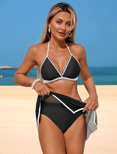 ZAFUL Women 2 Piece Swimsuits with Skirt High Waisted Bikini Sets Tummy Control Bathing Suits Black S - Thumbnail 2