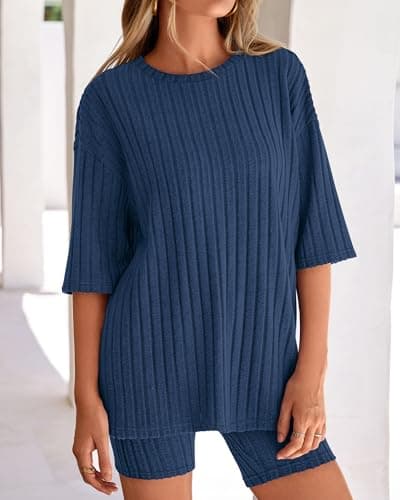 KIRUNDO Short Sets For Women Summer 2 Piece Matching Lounge Sets Casual Rib Knit Tshirts Biker Shorts Beach Vacation Outfits (Blue, X-Large) - Thumbnail 3