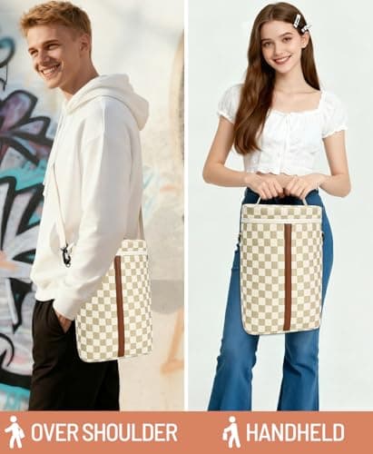 Neverwhy Insulated Wine Bag - Wine Bottle Carrier Tote Cooler Bags for Gifts Travel Picnic Beach, Khaki Checkered Pattern - 2 Bottle - Thumbnail 2