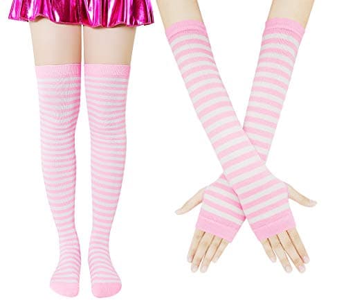 Bienvenu Womens Girls Trendy Knit Striped Over Knee High Socks Arm Warmer Set,Light Pink - Image 1