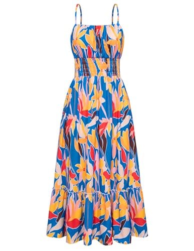 GRACE KARIN Summer Dresses for Women 2026 Vacation,Smocked Floral Maxi Dresses,Boho Beach Long Sundress Blue Yellow Floral S - Image 1