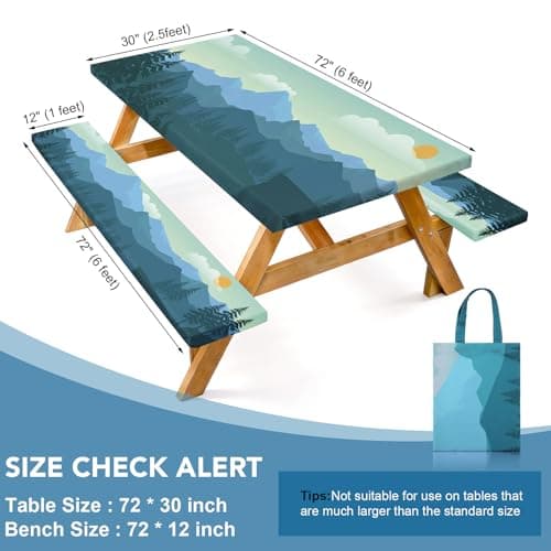 Picnic Table Cover with Bench Covers and Bag, 72in Camping Tablecloth, Waterproof Windproof Elastic Edges Fitted Rectangle Tables RV Gear Campers Must Have（Green） - Thumbnail 5
