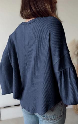 BTFBM Womens Fall Fashion 2026 Long Sleeve Shirts Casual V Neck Ribbed Knit Blouses Pullover Trendy Loose Fit Tunic Tops(Solid Blue, Small) - Thumbnail 3
