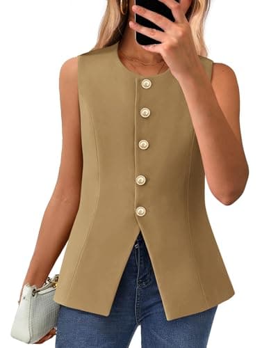 BTFBM Summer Sleeveless Blazer Vest For Women Dressy Button Down Round Neck Business Casual Outfits Work Suit Vests Tops(Khaki, Small) - Image 1