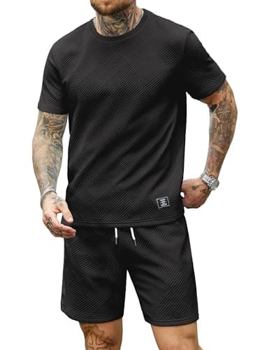 JEMLDL Mens Short Sleeve T-Shirt Shorts 2 Piece Set Summer Jacquard Casual Lounge Sets Comfort Fashion Outfit Sweatsuit Black XL - Image 1