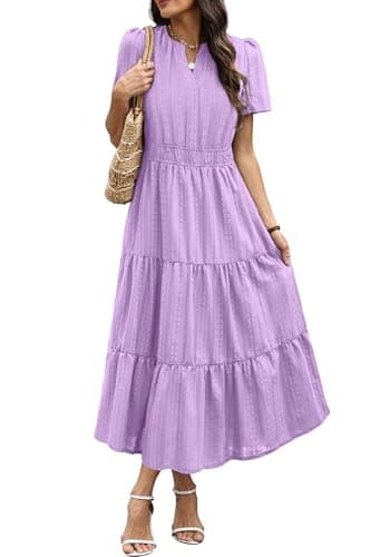 RUMIA Maxi Dress for Women Summer Short Sleeve V Neck Flowy Beach Dress with Pockets Lightpurple XL - Thumbnail 2