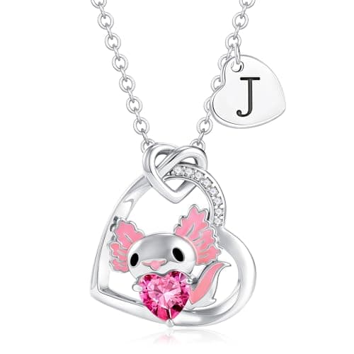 C-leen Initial Necklaces for Women Trendy - 14K White Gold Plated Axolotl Heart Initial Necklace Letter J Axolotl Birthday Gifts for Women - Image 1