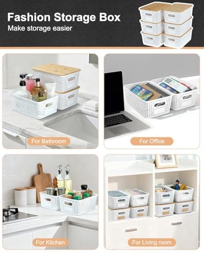 EOENVIVS 6 Pack Storage Bins with Bamboo Lids for Pantry Organization and Storage Containers for Shelves Drawers Desktop Closet Playroom Classroom Office Home,White - Thumbnail 3