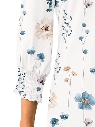 GKBK Womens 3/4 Sleeve Shirts V Neck Dressy Casual Spring Summer Blouses with Smocked Cuffs White Floral - Thumbnail 5